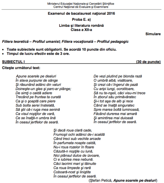 Fragment din Subiectul I de la simularea la Limba romana, clasa a XII a, Uman, Foto: edu.ro