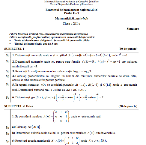 Subiecte Simulare BAC 2016 Mate - Info cls. a XII-a, Foto: edu.ro