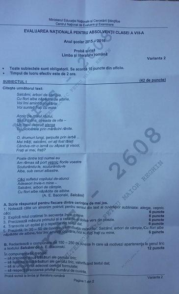 Subiecte EN Romana 1, Foto: Hotnews