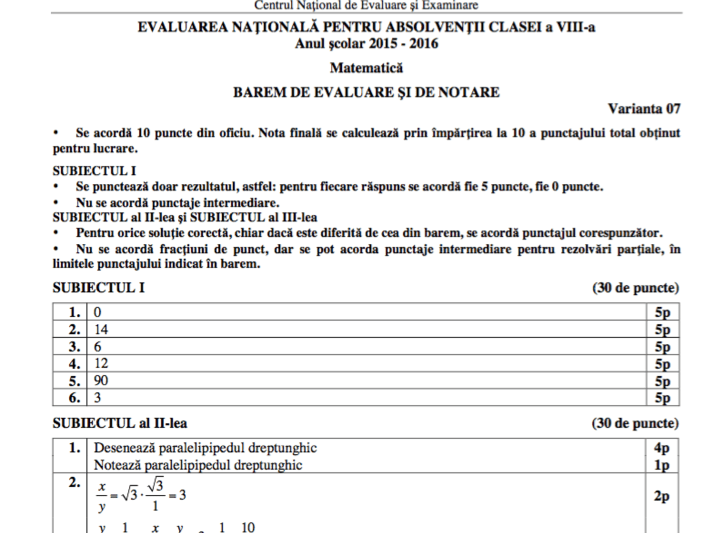 Evaluarea Nationala 2016: Barem matematica, Foto: edu.ro