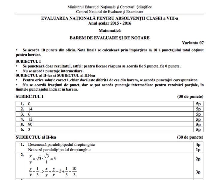 Evaluarea Nationala 2016: Barem matematica, Foto: edu.ro