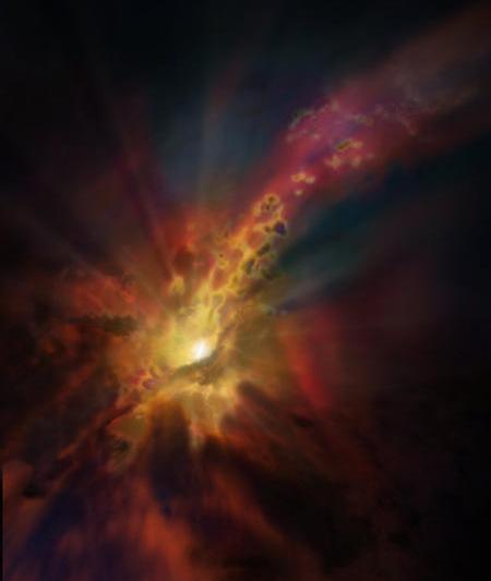 Redare artistica: Gaura neagra, hranindu-se cu gaze intergalactice reci, Foto: NRAO/AUI/NSF; Dana Berry / SkyWorks; ALMA (ESO/NAOJ/NRAO)