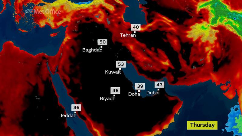 Temperaturile de joi in cateva orase mari din Orientul Mijlociu, Foto: Met Office UK