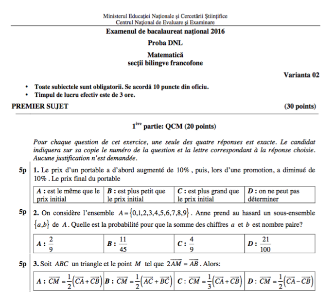 BAC 2016 Proba DNL Matematica sectii bilingve francofone, Foto: edu.ro