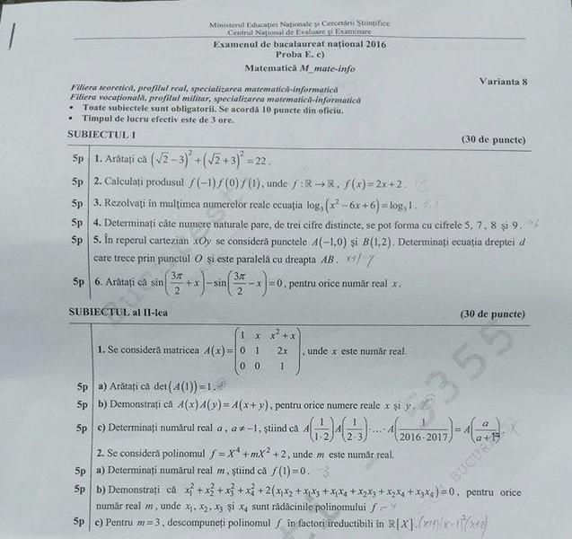 BAC 2016 Subiectele la Matematica (mate-info), Foto: Hotnews