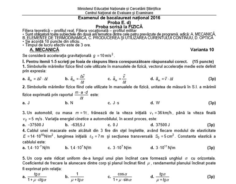 BAC 2016 Subiecte Fizica, Foto: edu.ro