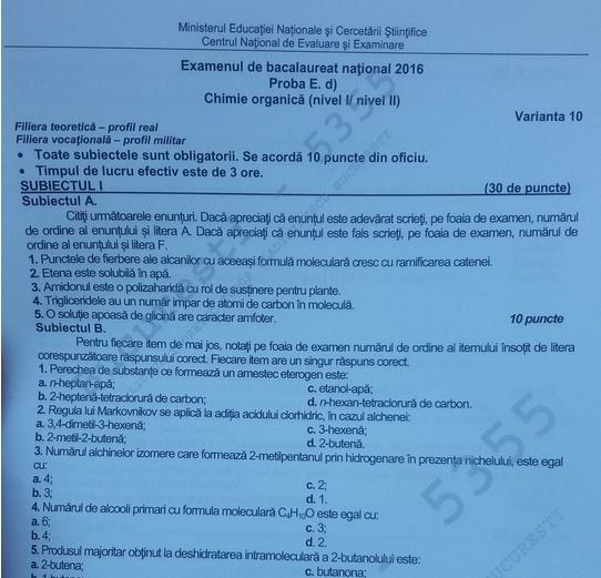BAC 2016 Subiecte Chimie organica, Foto: Hotnews