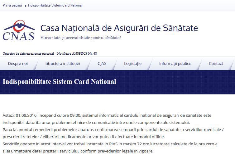 Sistemul IT al cardului de sanatate este blocat din nou, Foto: Captura CNAS