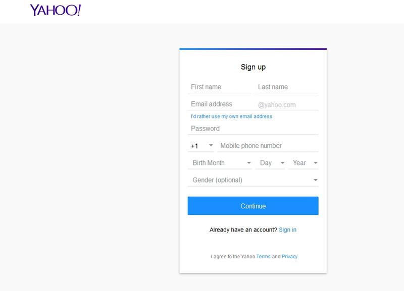 Pagina de Sign Up la Yahoo, Foto: Yahoo!