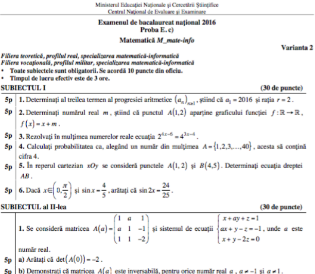 BAC 2016 toamna- Subiecte Matematica, Foto: edu.ro