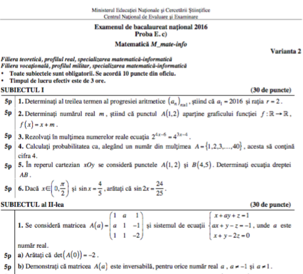 BAC 2016 toamna- Subiecte Matematica, Foto: edu.ro