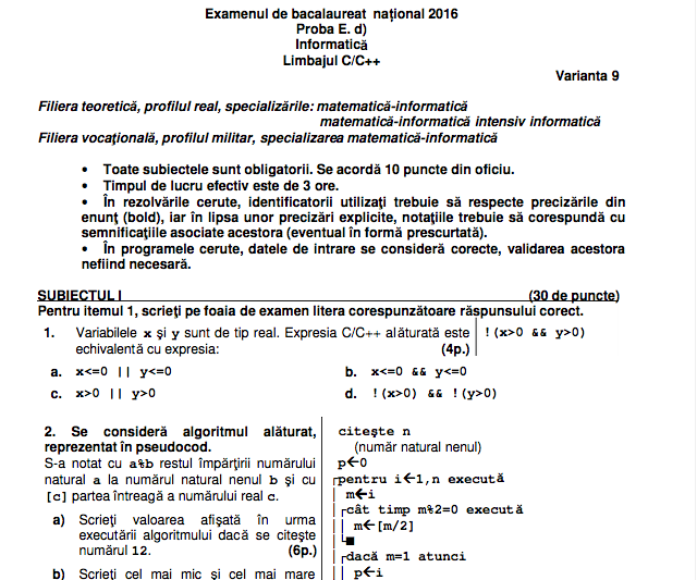 BAC 2016 toamna- Subiecte informatica, Foto: edu.ro