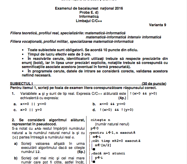 BAC 2016 toamna- Subiecte informatica, Foto: edu.ro