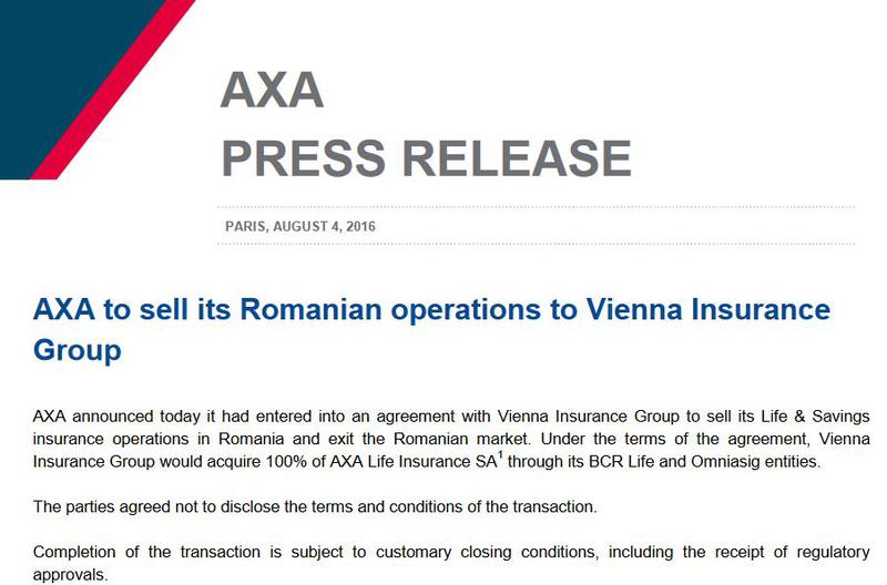 Axa isi vinde operatiunile din Romania catre VIG, Foto: Axa.com