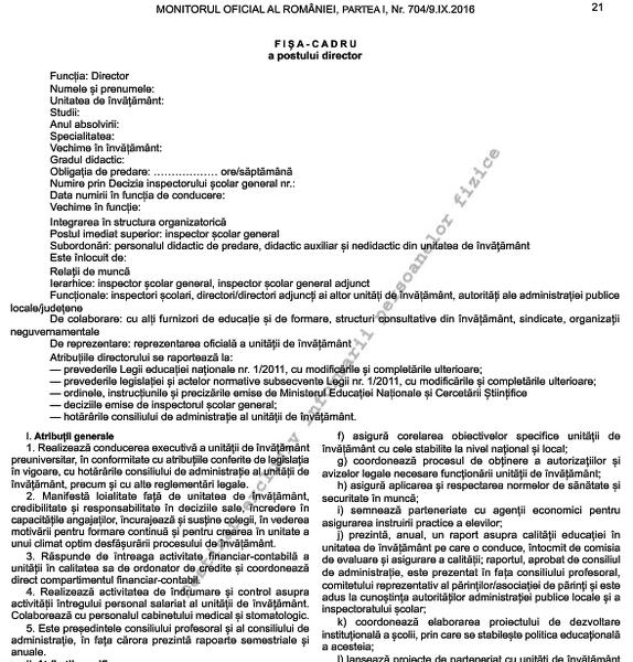 Fisa-cadru a postului de director, Foto: Monitorul Oficial