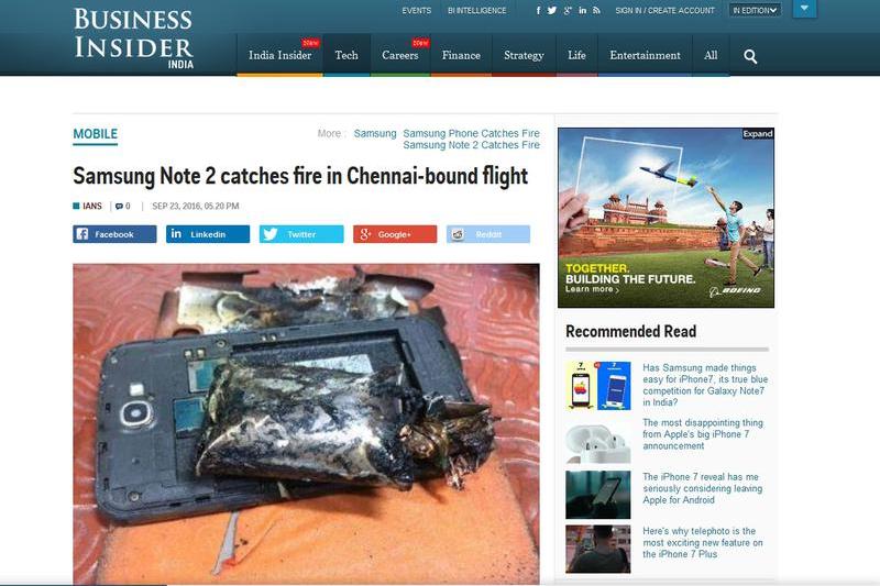 Un Samsung Note 2 a fumegat intr-un avion, Foto: Business Insider India