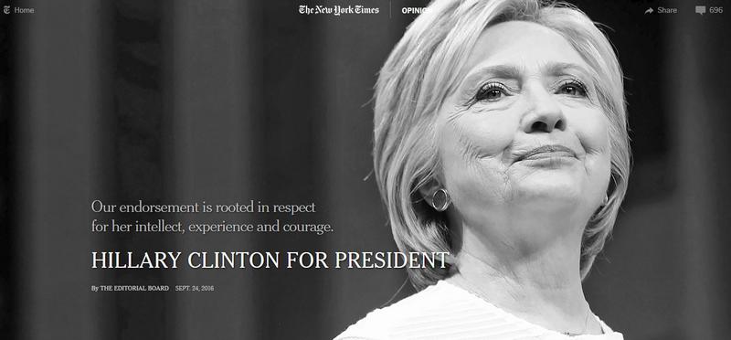NY Times isi anunta sustinerea pentru Hillary Clinton, Foto: Captura New York Times