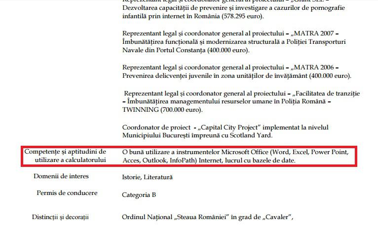 Competentele IT ale lui Petre Toba, conform CV-ului, Foto: Hotnews