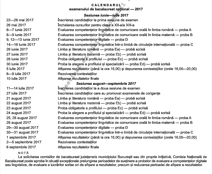 Calendar BAC 2017, Foto: Monitorul Oficial