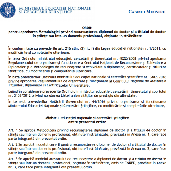 Proiect: Ordin metodologie recunoasterea titlului de doctor, Foto: edu.ro