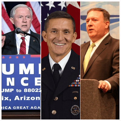 Jeff Sessions, Michael Flynn, Mike Pompeo, Foto: Colaj: Wikipedia/ DIA/ house.gov