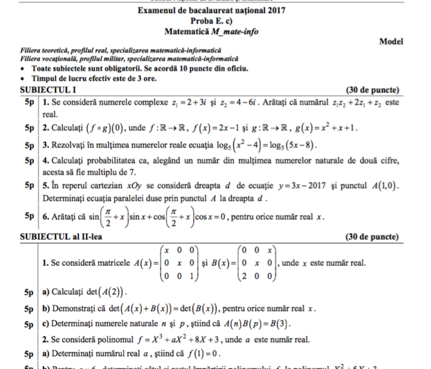 BAC 2017: Model de subiecte Mate-Info, Foto: edu.ro