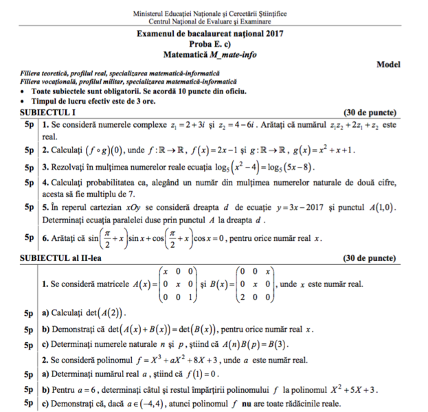 BAC 2017: Model de subiecte Mate-Info, Foto: edu.ro