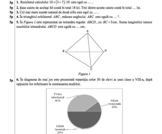 EN 2017 - Model de subiecte pentru matematica, Foto: edu.ro