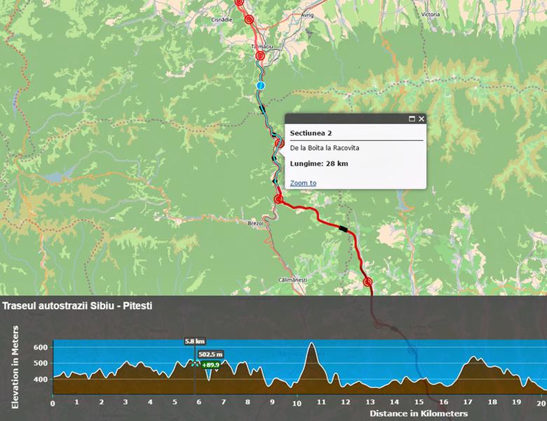 Traseul autostrazii Sibiu - Pitesti in raport cu inaltimea terenului strabatut, Foto: Hotnews