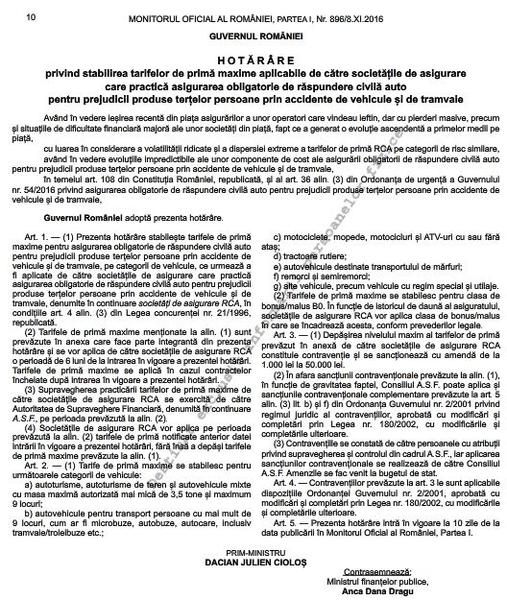 HG-ul privind preturile maxime la RCA, Foto: Captura Monitorul Oficial