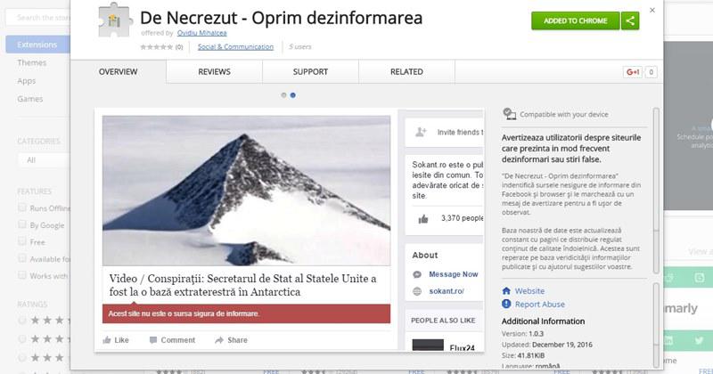 De Necrezut - extensie Chrome, Foto: Captura Chrome Store