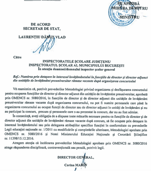 Nota a Ministerului Educatiei privind numirile in posturile ramase neocupate in urma concursului de directori de scoli, Foto: edu.ro
