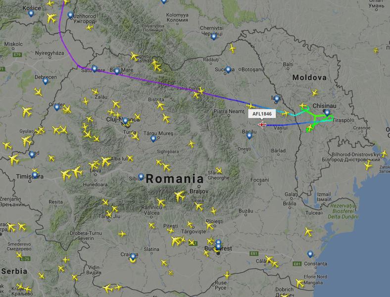 Traseul aeronavei lui Rogozin care nu poate ateriza la Chisinau, Foto: flightradar24.com