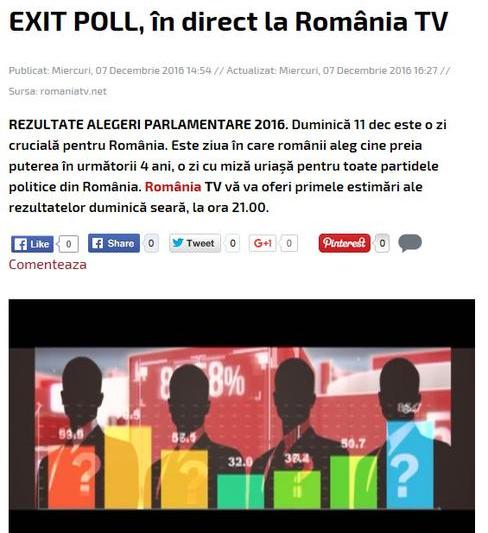 Anuntul Romania TV privind exit poll-ul, Foto: Captura Romaniatv.net