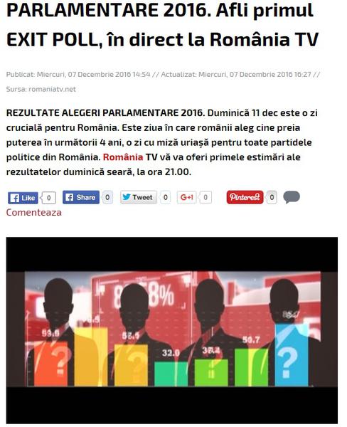 Anuntul Romania TV privind exit poll-ul, Foto: Captura Romaniatv.net