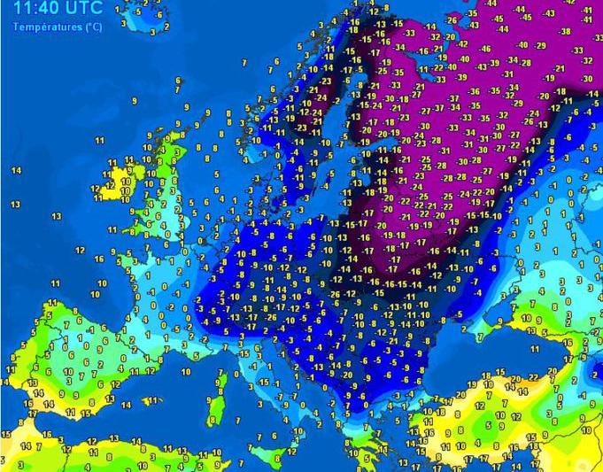 Cum era vremea in Europa pe 6 ianuarie in jurul pranzului, Foto: Meteociel