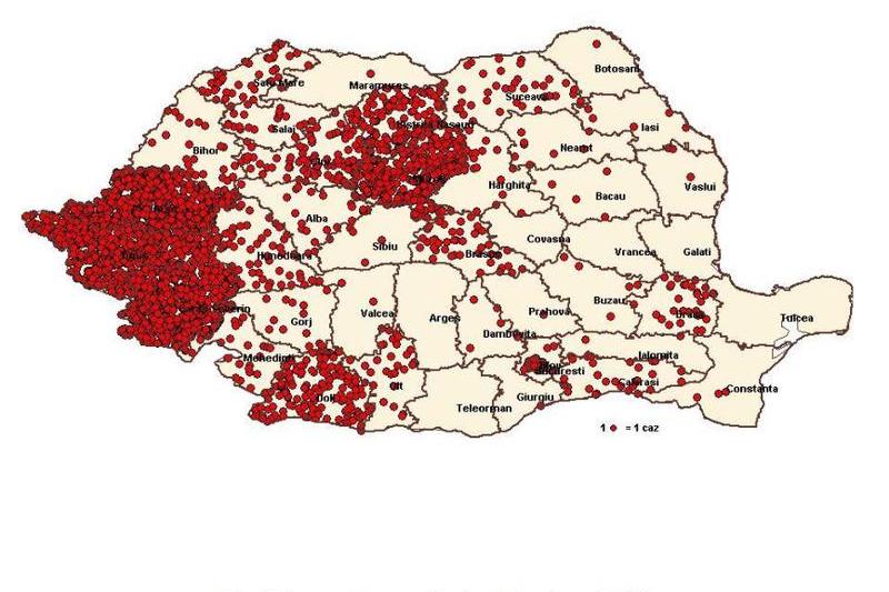 Harta cazurilor de rujeola - 10 februarie, Foto: Centrul National de Supraveghere si Control al Bolilor Transmisibile