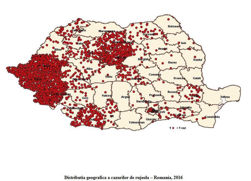 Harta cazurilor de rujeola - 10 februarie, Foto: Centrul National de Supraveghere si Control al Bolilor Transmisibile