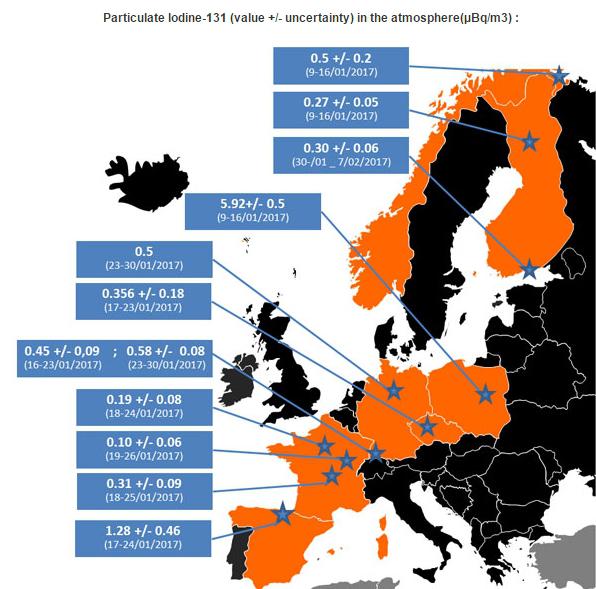 Zonele in care a fost detectat izotopul Iod-131, Foto: irsn.fr