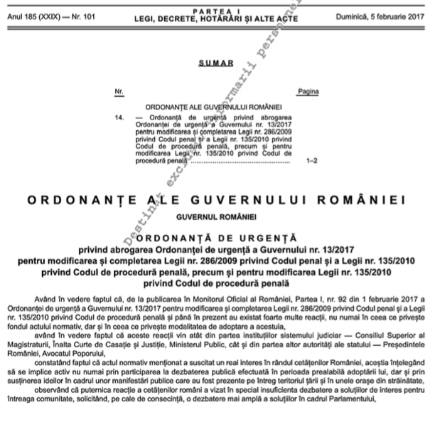 Ordonanta de abrogare a OUG 13/2017, Foto: Captura Monitorul Oficial