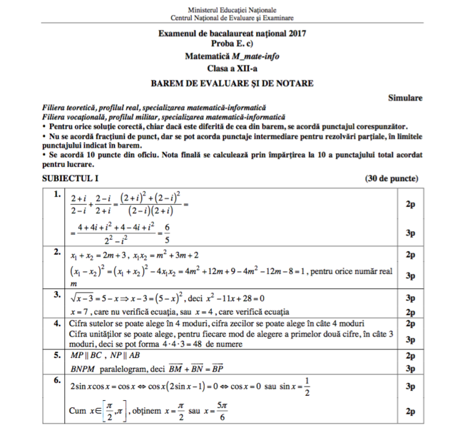 Simulare BAC 2017 - Subiecte matematica - mate-info, cls a XII-a , Foto: edu.ro