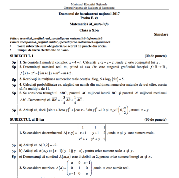 Simulare BAC 2017 - Subiect matematica - mate-info, cls a XI-a, Foto: edu.ro