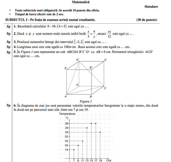 Simulare Evaluarea Nationala - Subiect matematica, Foto: edu.ro