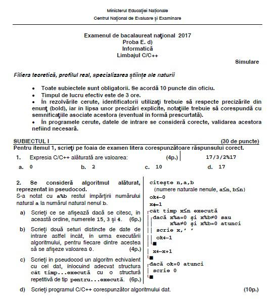 Simulare BAC 2017 Informatica Limbaj C/C++, Foto: edu.ro
