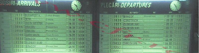 Tabela CFR di Gara de Nord la ora 22.30 arata si un tren cu 700 de minute intarziere, Foto: CFR webcam