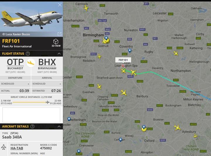 Zbor pe ruta Bucuresti - Birmhingam, interceptat, Foto: flightradar24.com