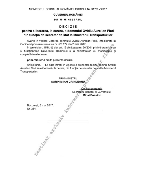 Decizia pentru eliberarea din functie a lui Ovidiu Aurelian Flori, Foto: Captura Monitorul Oficial