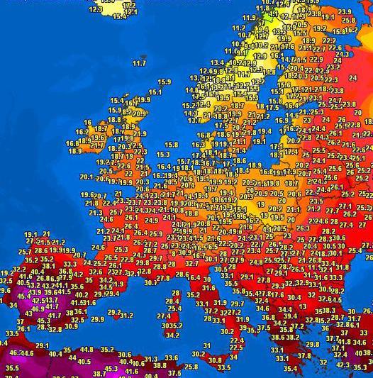 Temperaturile maxime in Europa in13 iulie, Foto: Meteociel