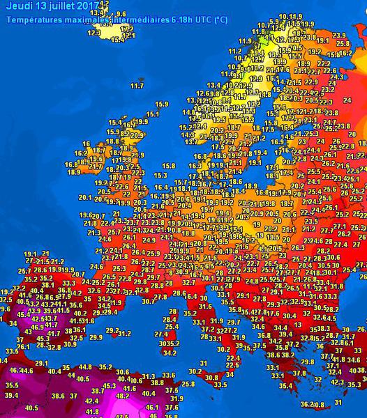 Temperaturile maxime in Europa in13 iulie, Foto: Meteociel