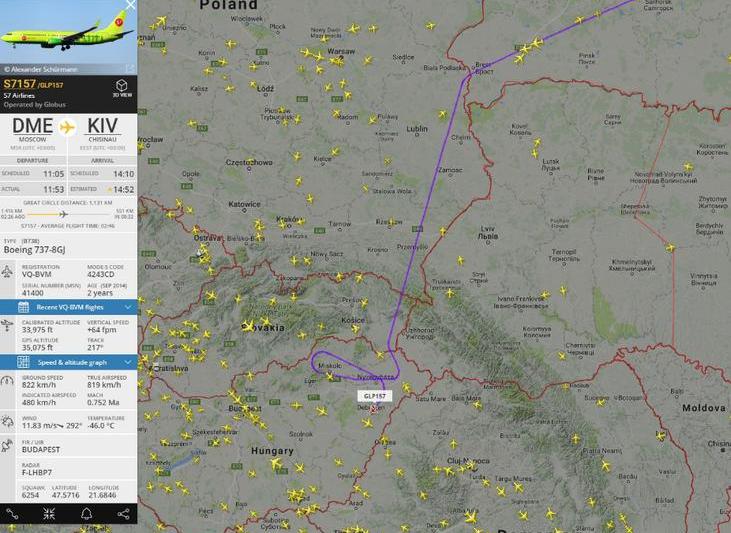 Traseul aeronavei in care se afla Rogozin, Foto: flightradar24.com